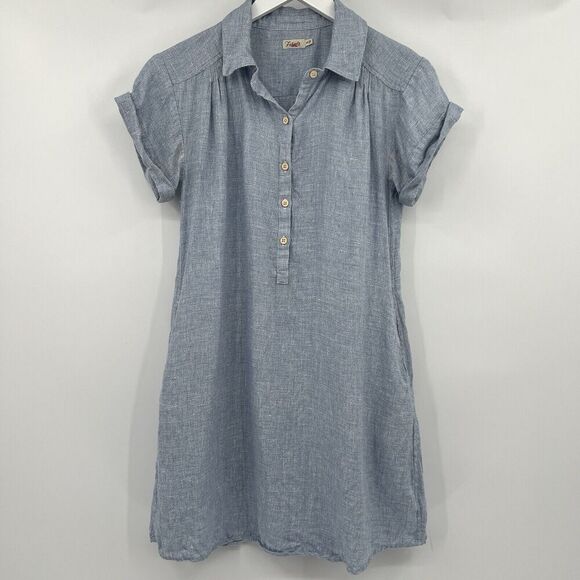 Faherty Hana 100% Linen Shirt Dress Blue Basket Weave Button Collared‎ Size XS - Picture 3 of 11